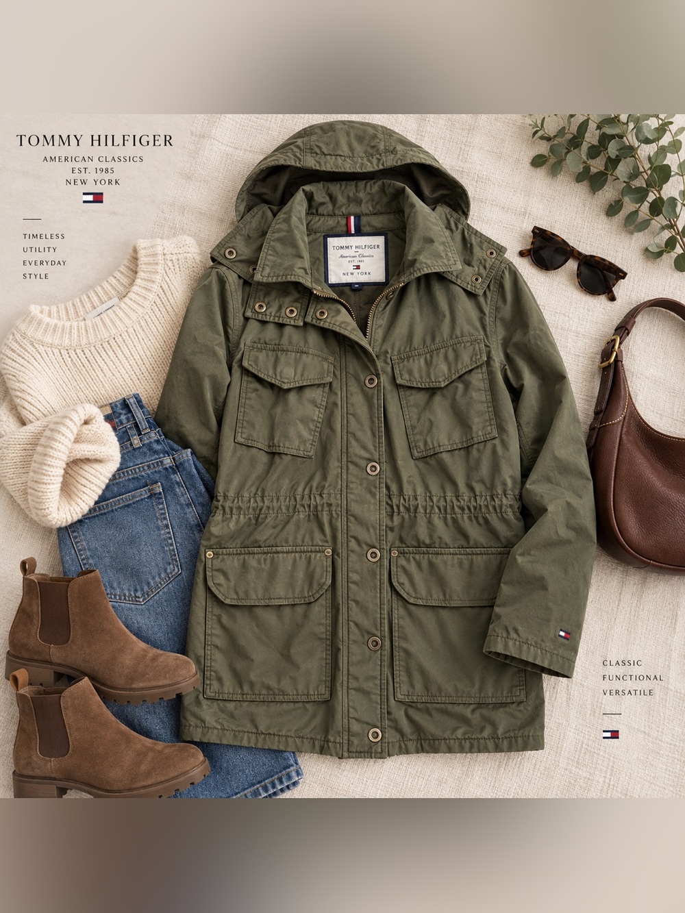 Tommy Hilfiger Olive Green Army Utility Field Jacket Hooded Size Small